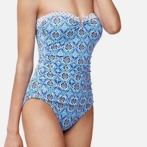 Tommy Bahama Tika Tile V-Wire Bandeau Tummy Control One-Piece Swimsuit Size 12